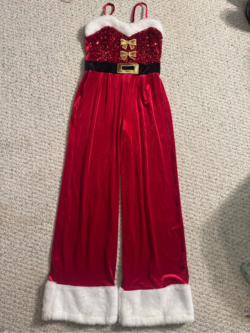 love on a hanger Red Sequin & Velvet Holiday Jumpsuit with Gold Accents
